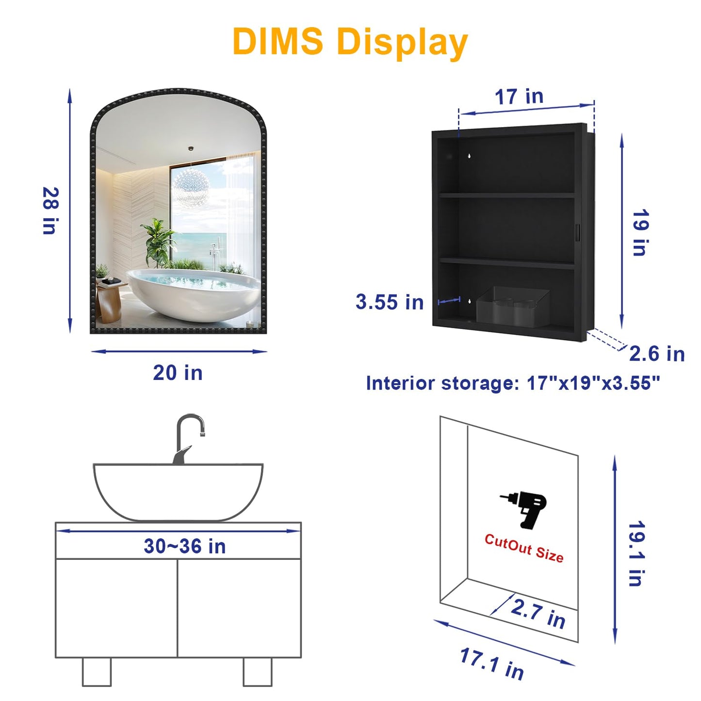 20"x28" Black Medicine Cabinet for Bathroom, Surface Mount or Recessed Medicine Cabinets with Storage and Arched Mirror , All-Metal Daisy Decor Frame, Includes 2 Adjustable Shelves and 1 Organizer