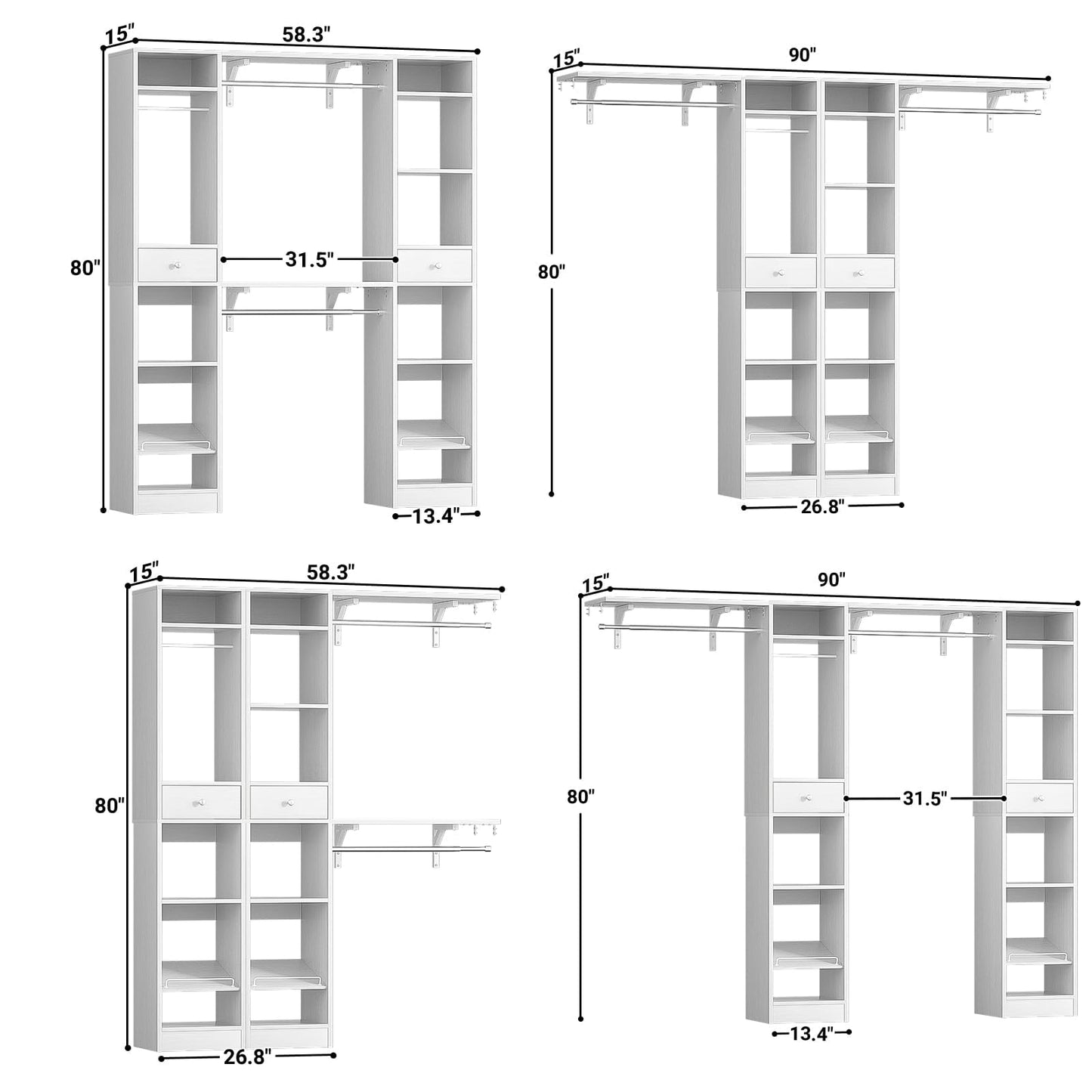 Unikito 58" W - 90" W Closet System, Large Walk in Closet Organizer with 3 Hanging Rods and Shelves, Heavy Duty Wood Closets Wardrobe with 2 Drawer & Shoe Rack, Sturdy Reversible Clothing Racks, White