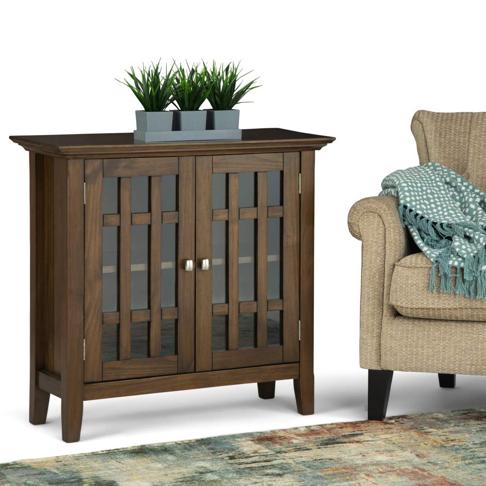 SIMPLIHOME Bedford Storage Cabinet - 32 inch Wide Solid Wood Low Media Cabinet in Rustic Natural Aged Brown, Transitional Console for Living Room, Entryway, or Dining Room with Glass Doors and Shelves