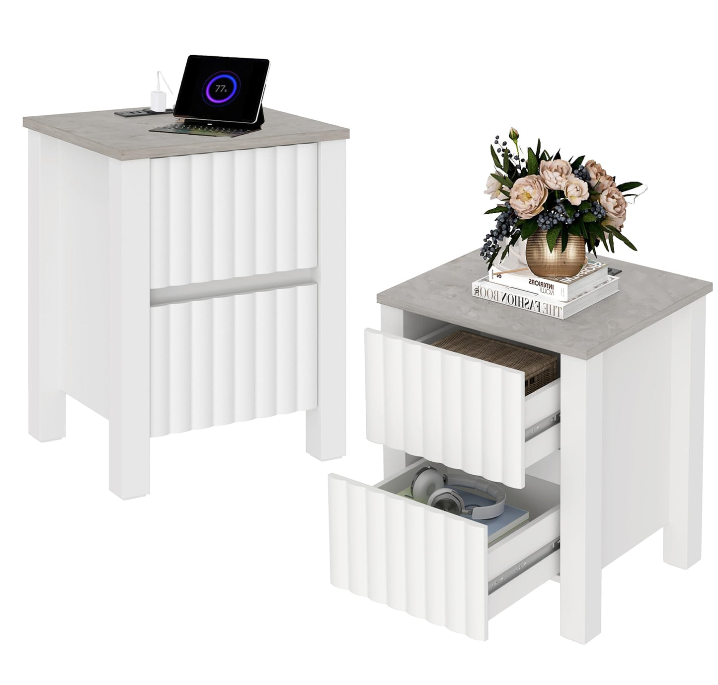 WAMPAT Modern 3-Drawer Nightstand, Wooden Low-Profile End Table with Full-Design Base, Floor-Standing Storage Cabinet, Bedroom Side Table and Closet Organizer, White, 2 Pcs