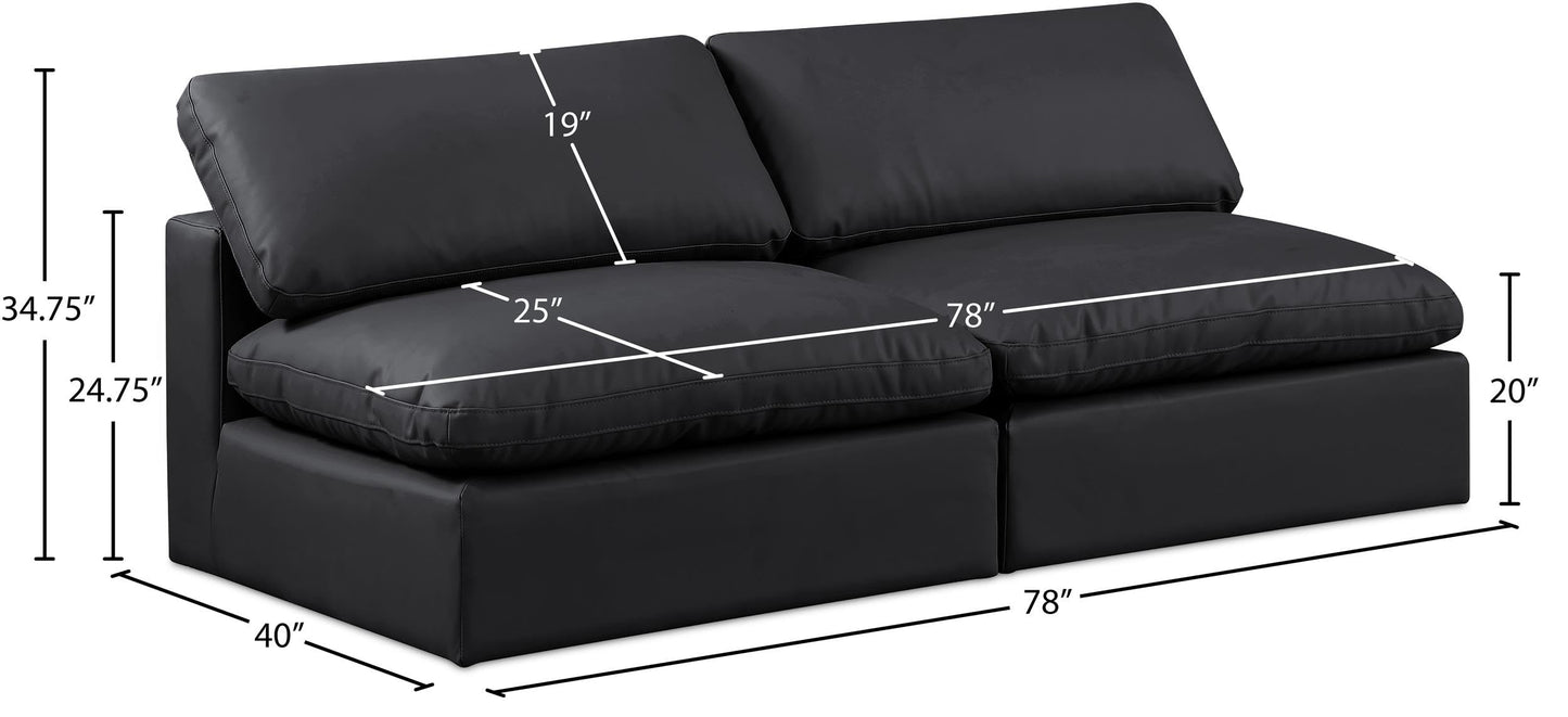 Meridian Furniture 188Black-S78 Comfy Collection Modern | Contemporary Upholstered Modular Sofa with Soft Black Vegan Leather, Fiber-Filled, 78" W x 40" D x 34.5" H, Black