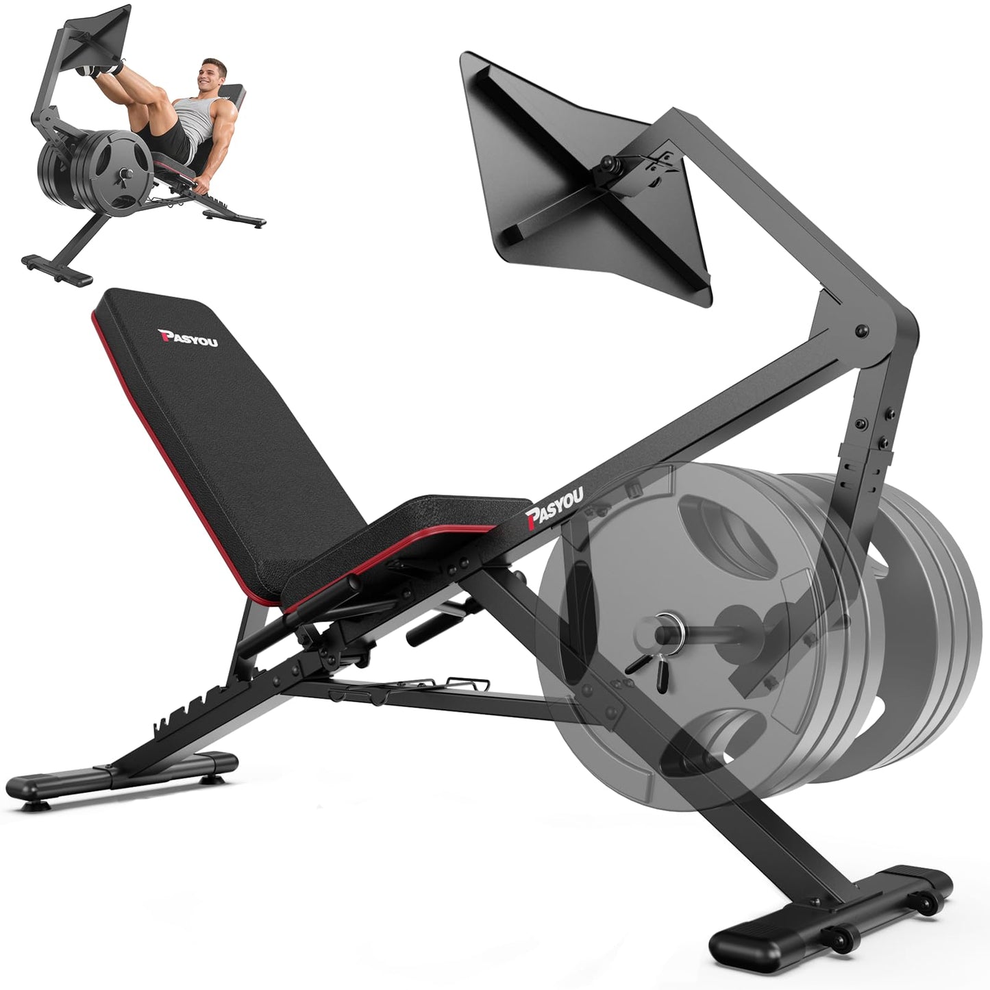 PASYOU Adjustable Weight Bench for Home Gym, Leg Press Machine – Adjustable Foot Plate Weight Bench with Leg Press, Compact Fitness Bench for Glutes, Quads, Compatible with 1'' and 2'' Weight Plates