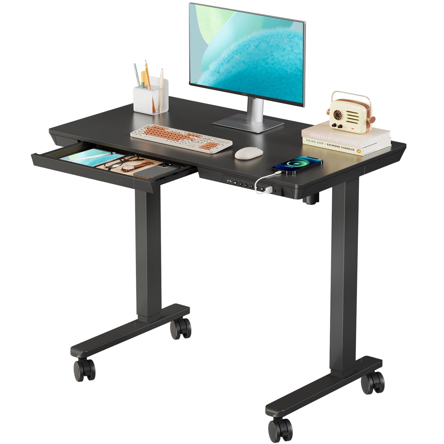 JYLH JOYSEEKER Electric Standing Desk with Drawer, 35" x 20" Whole Piece Tabletop Small Sit Stand Table, Height Adjustable Desk with Storage & USB Ports, Quick Install Home Office Computer Desk, Black
