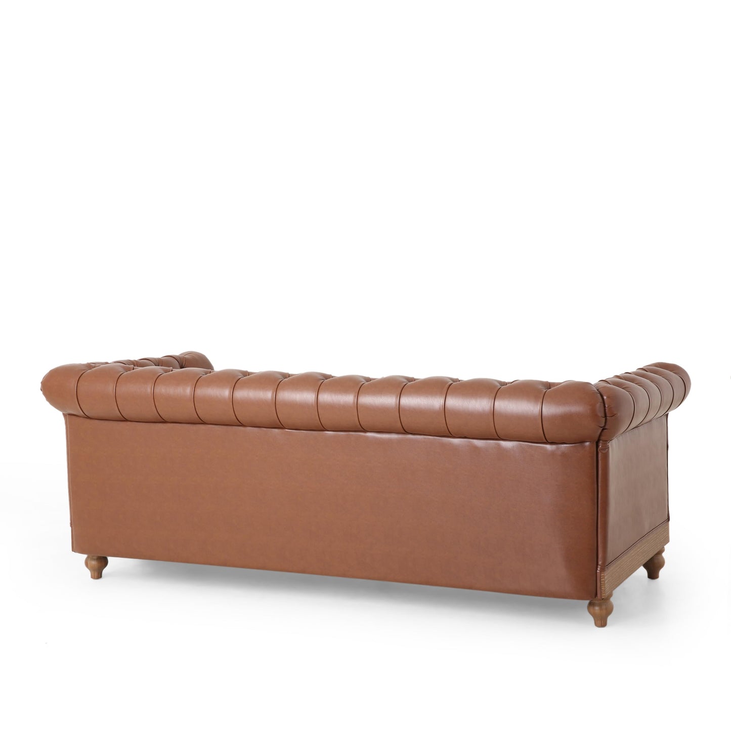 Merax 3 Seat PU Chesterfield Sofa, Retro Style Upholstered Leather Couch Rolled Arm for Living Room Bedroom Office, Light Brown
