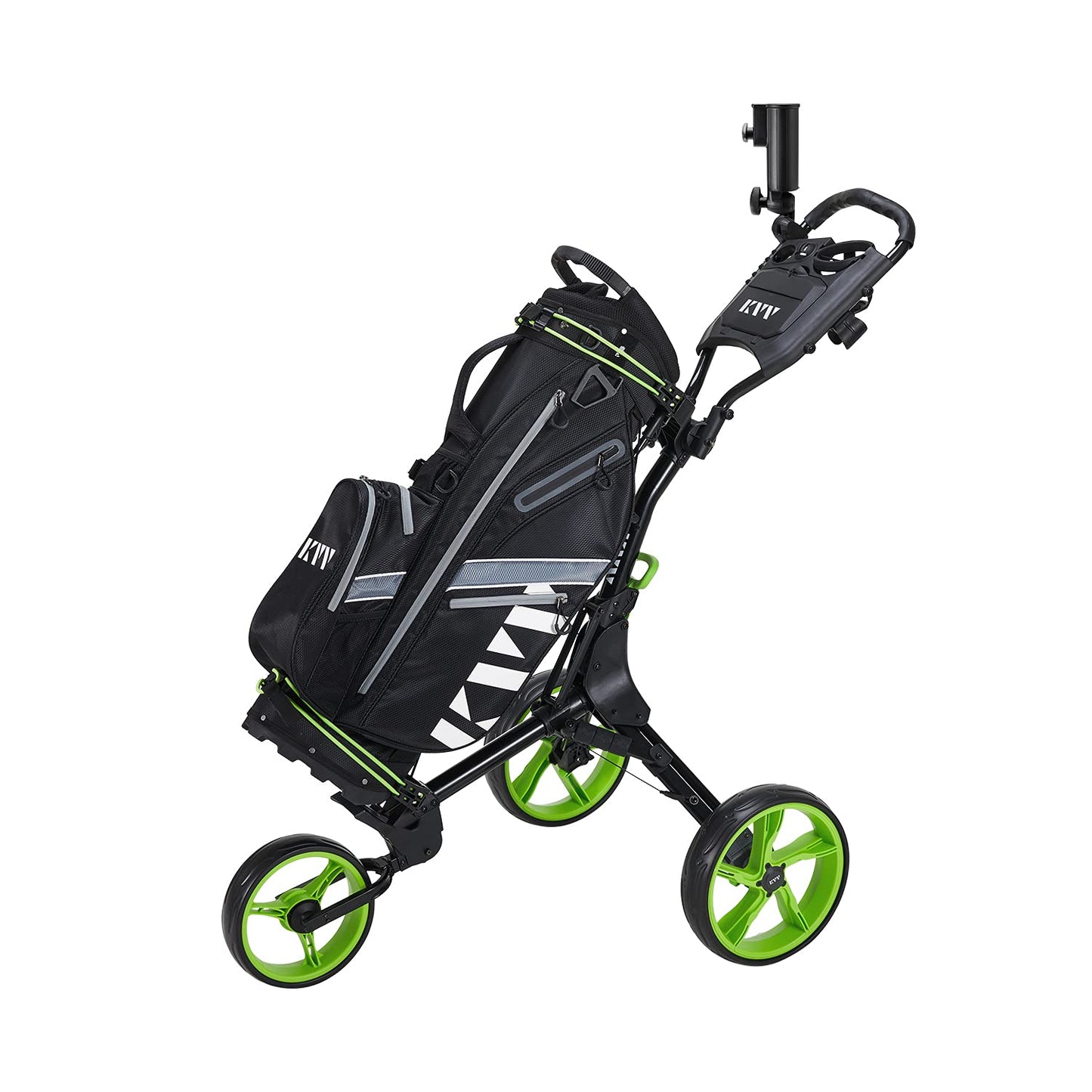 KVV 3 Wheel Foldable/Collapsible Golf Push Cart Ultra Lightweight Smallest Folding Size, New-Version Scorecard Holder Umbrella Holder Included(Black/Lime)
