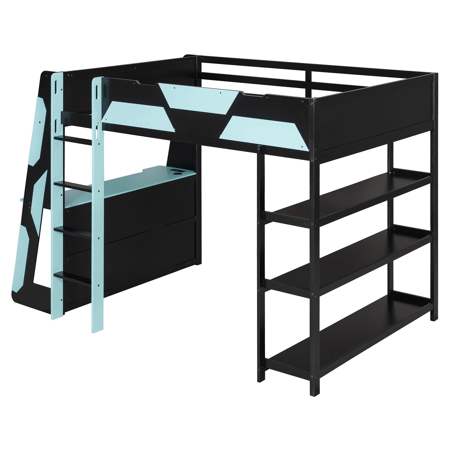 Merax Full Size Gaming Loft Bed with Side-Mounted Desk & 3-Tier Storage Shelves. Space-Saving Bedroom Set with Built-in Power Outlets & USB Ports for Teens & Gamers, Black+Blue