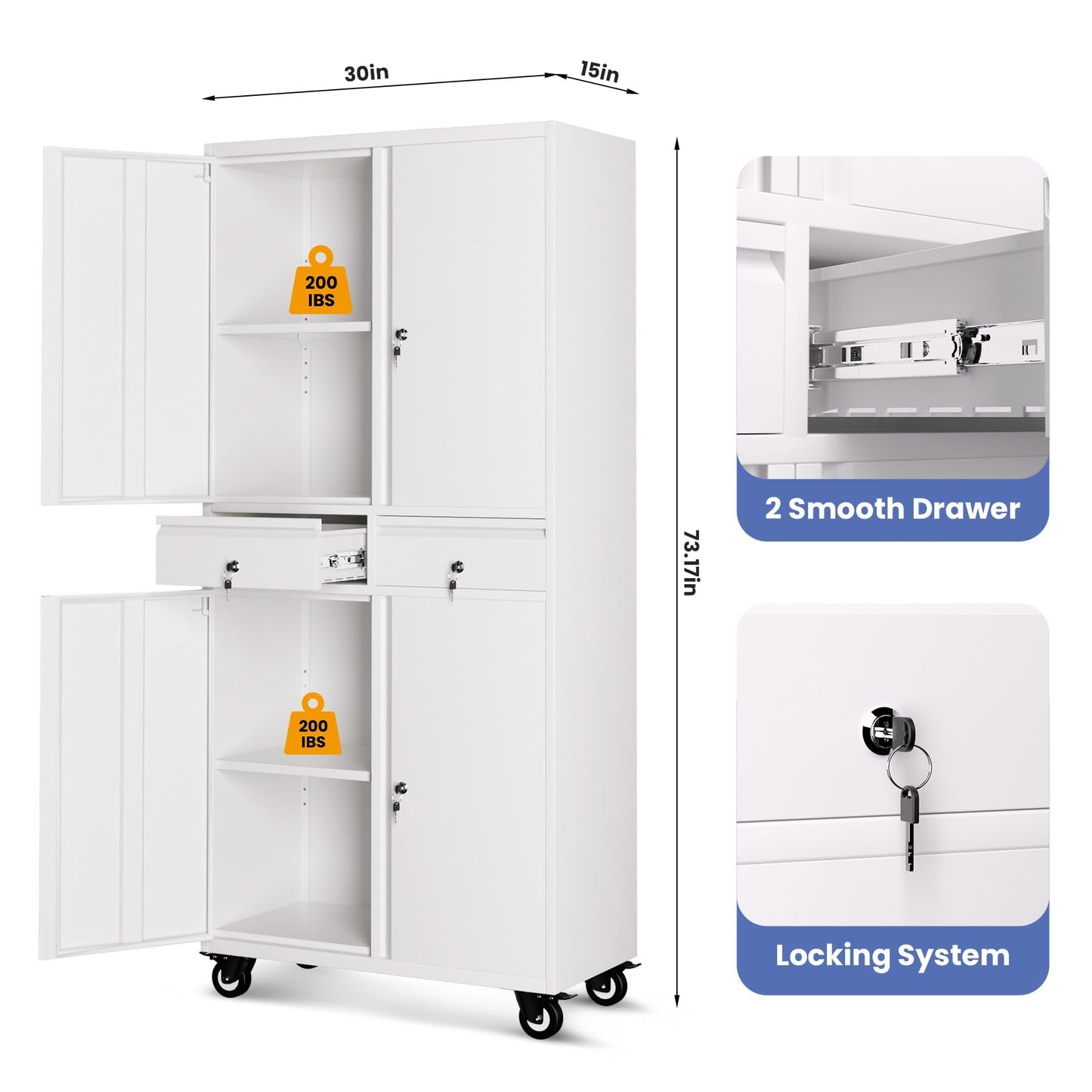 Metal Storage Cabinet with Wheels, 72” Rolling Garage Organizer with Locking Doors & 2 Drawers, Heavy Duty Steel Tool Cabinet with 3 Adjustable Shelves, Lockable Filing Cabinet for Home Office