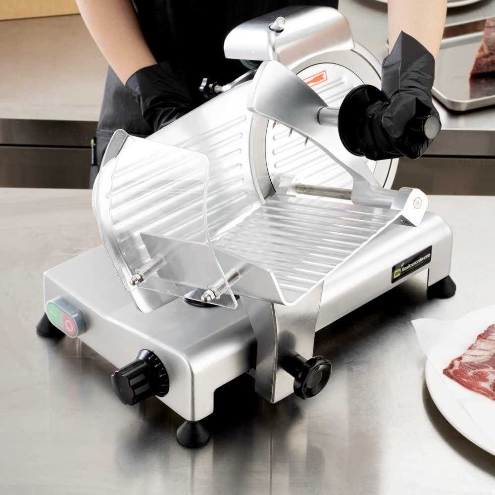 Restaurantware Bio Tek Meat Slicer 1 Adjustable Slice Size Manual Slicer - 200W Operation 0.25 Horsepower Stainless Steel Deli Slicer Built-In Sharpener Fixed Ring Guard