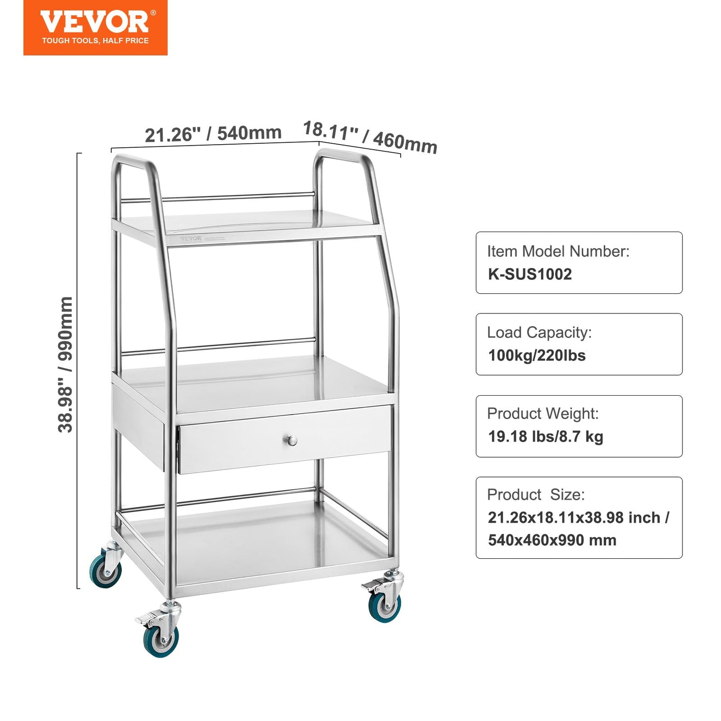 VEVOR Stainless Steel Utility Cart with 3 Shelves & 1 Drawer, 360 Swivel Casters, 220lbs Capacity
