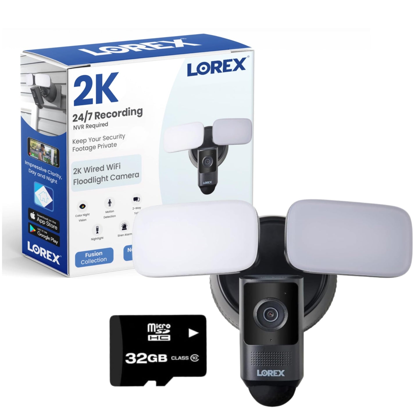 Lorex 2K Wi-Fi Floodlight Security Camera | Black | 32GB MicroSD Card Included | No Monthly Fee | Color Night Vision | Motion Detection | 2-Way Talk | Siren | IP65 Weatherproof | Adjustable LEDs