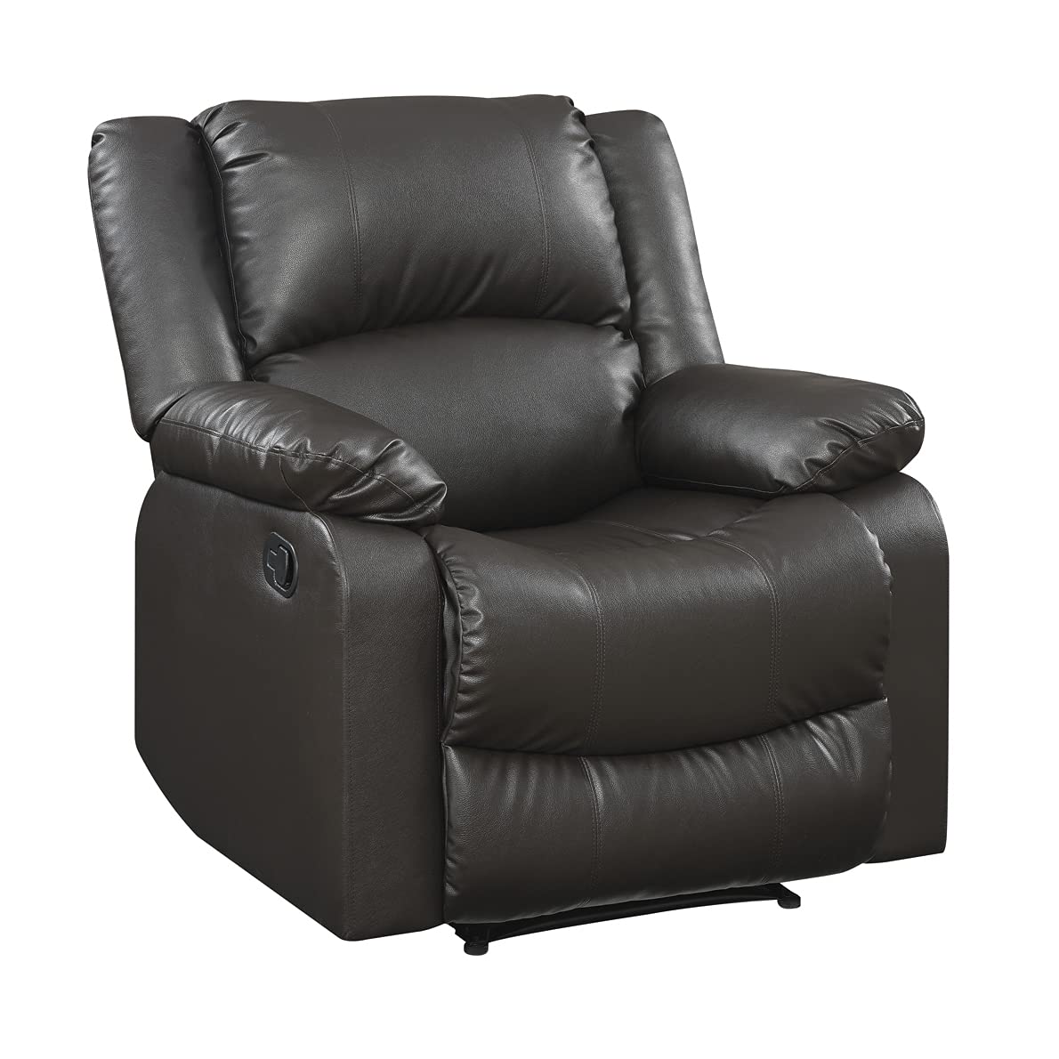 Relax-A-Lounger Warren 35.5" Manual Pull-Handle Recliner, Traditional Overstuffed, Pocket Coil Comfort, Black Metal Base Legs, Soft Vegan Leather Fabric, Java