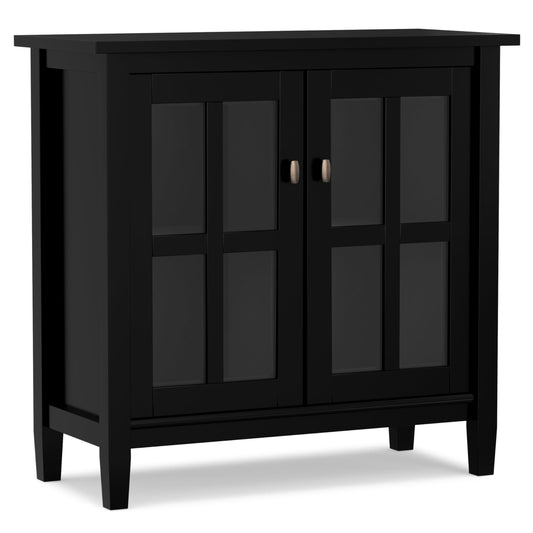 SIMPLIHOME Warm Shaker Storage Cabinet - 32 inch Wide Solid Wood 2-Shelf Low Storage Cabinet in Black, Transitional Accent Cabinet for Entryway with Tempered Glass Doors and Adjustable Shelves