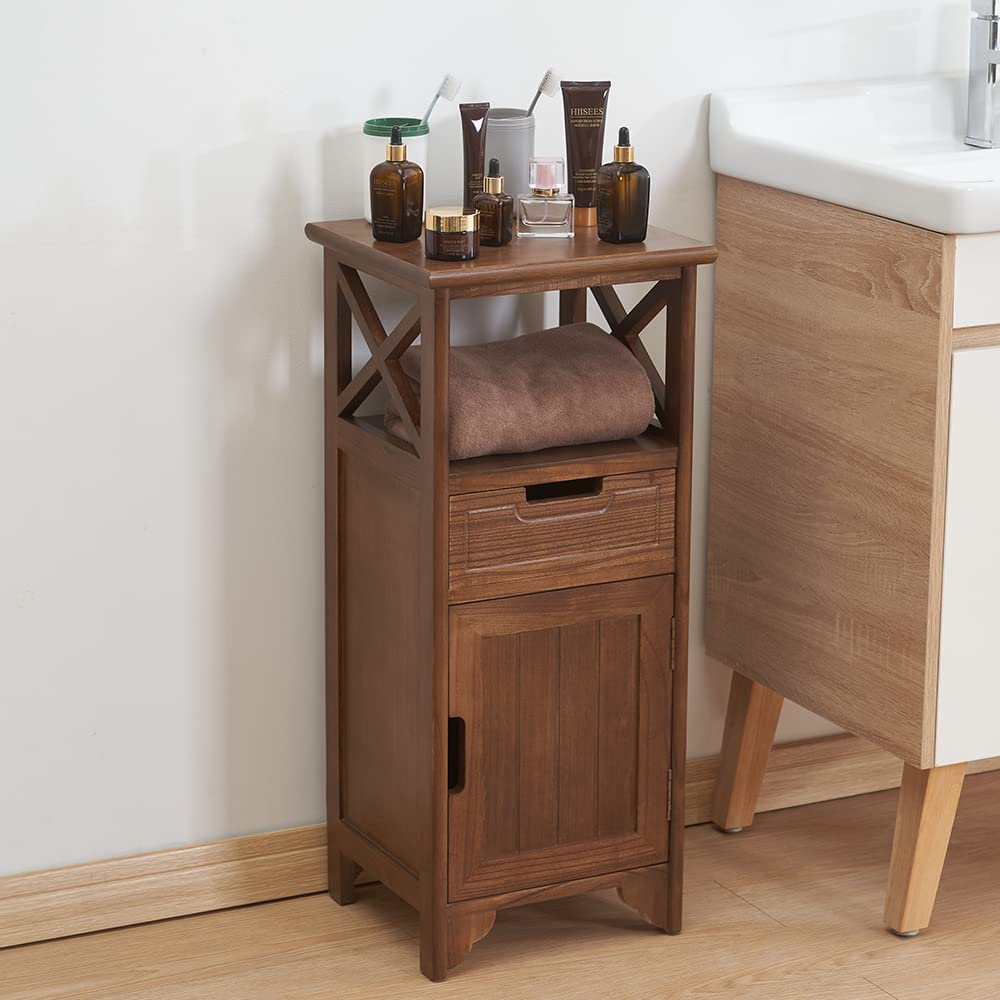 BECTSBEFF 30 Inches Tall End Table, Fully Assembled Bathroom Floor Cabinet with Shelf and Storage, No Assembly Nightstand with Drawer for Bedroom-Walnut