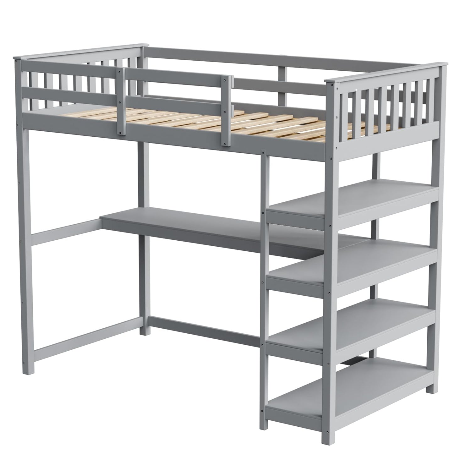 JOYMOR Bunk Bed with Desk and 4-Layer Shelves, Loft Bed Twin Size with Under Desk and Bookcase Storage, Twin Bed Frame for Kids, Adults& Young Teens