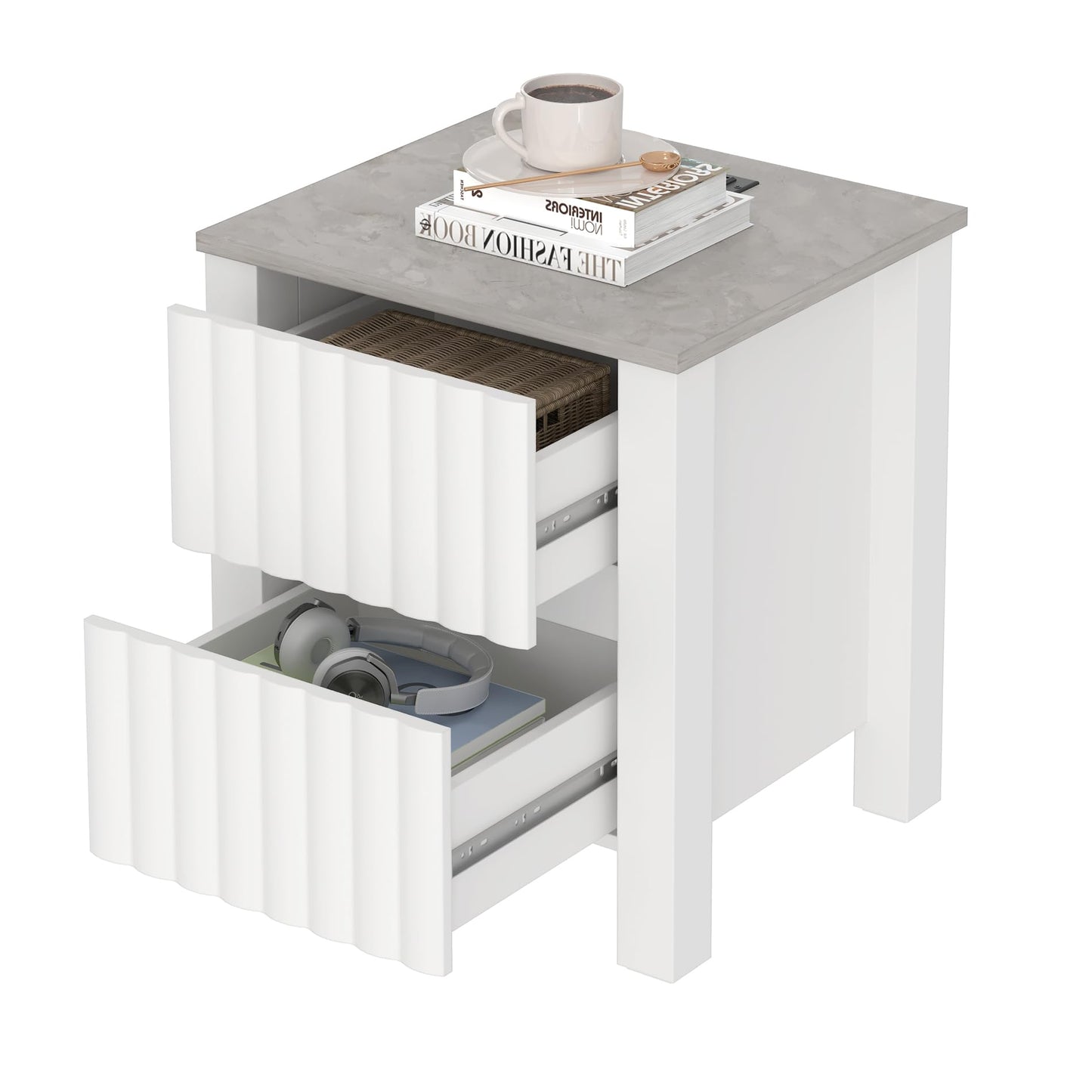 WAMPAT Modern 3-Drawer Nightstand, Wooden Low-Profile End Table with Full-Design Base, Floor-Standing Storage Cabinet, Bedroom Side Table and Closet Organizer, White, 2 Pcs
