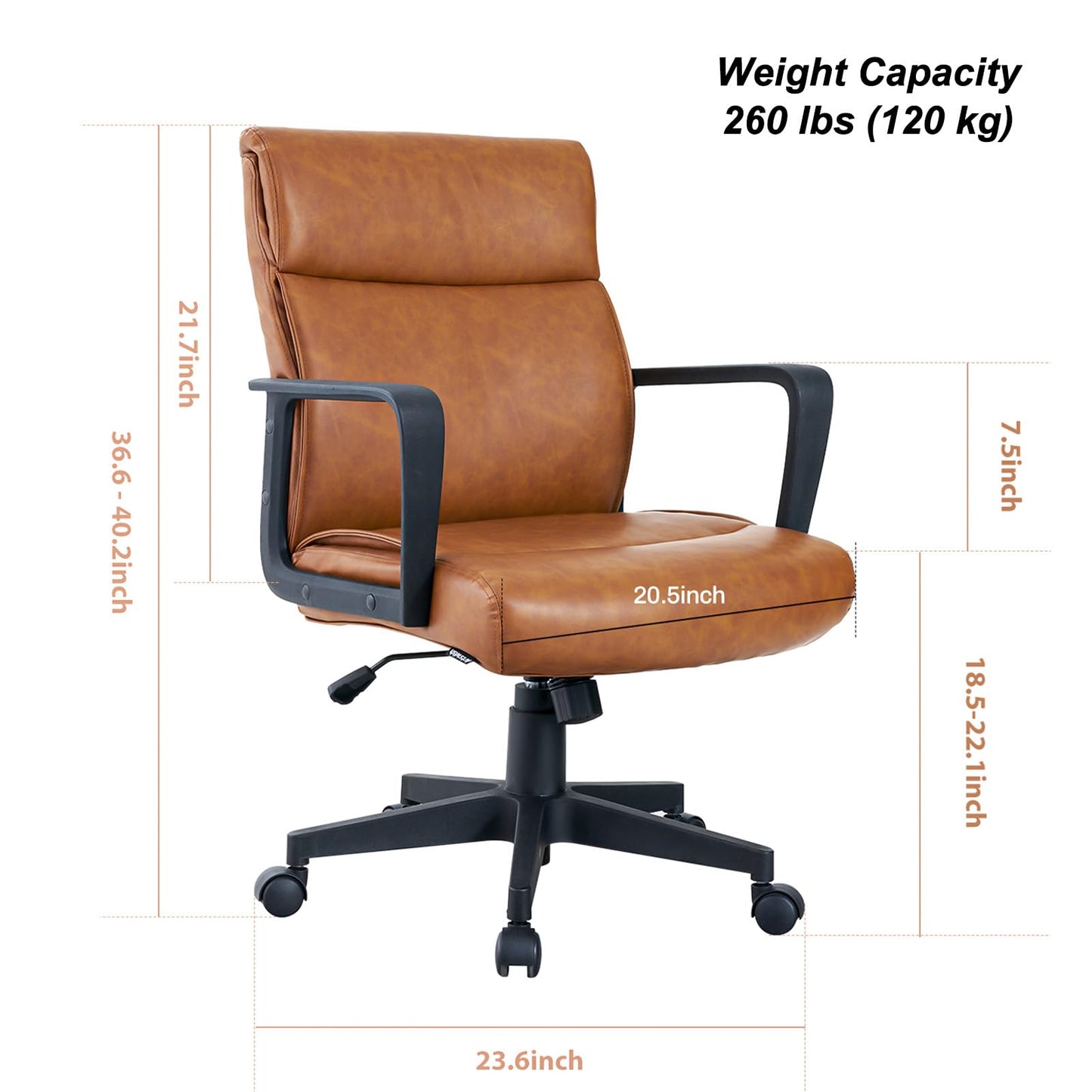 Artswish Brown Leather Office Chair, Mid-Back Ergonomic Computer Chair with Wheels Arms, 360° Swivel Adjustable Task Chair with Rolling Casters for Home Office, Bedroom, Study