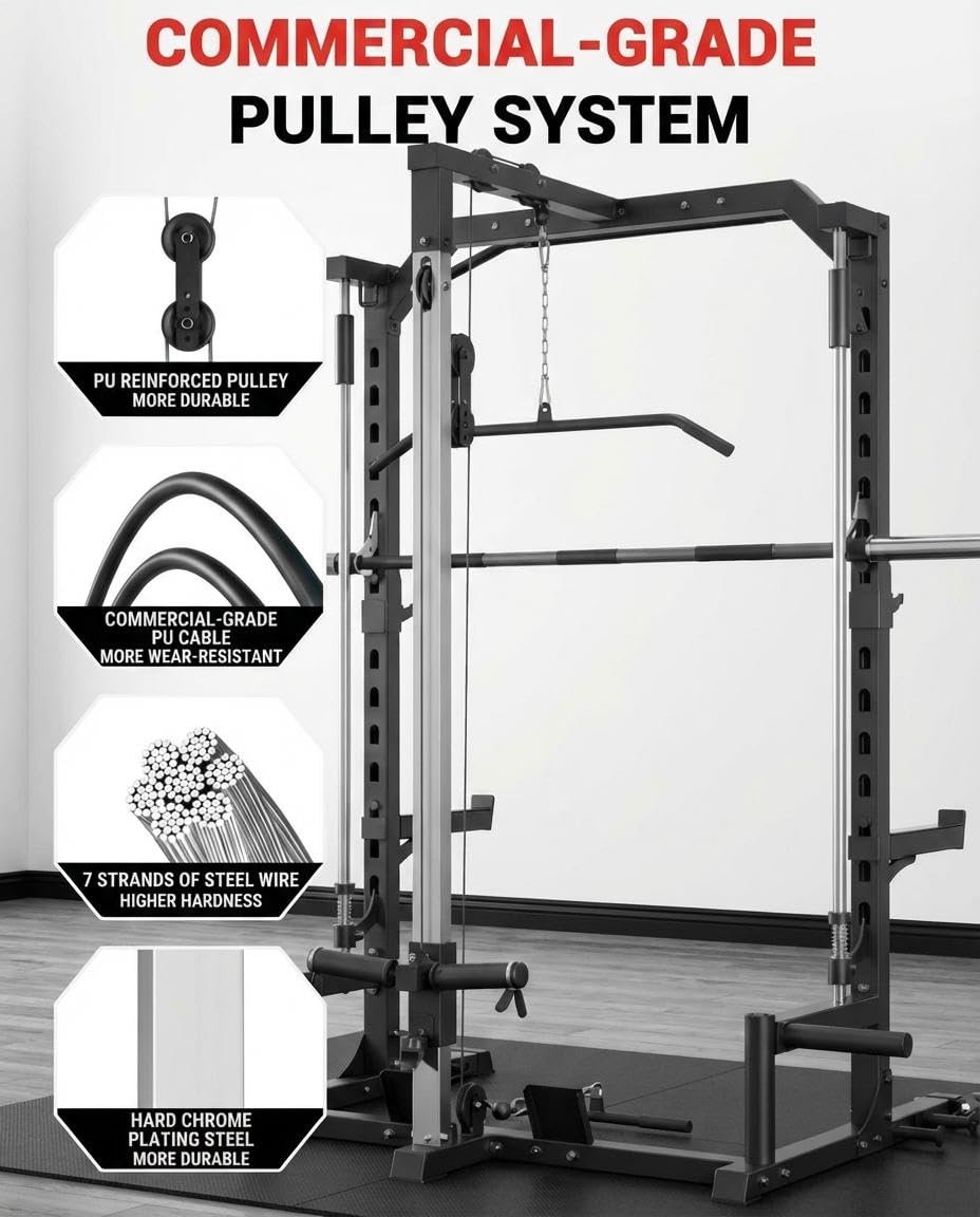 Compact Smith Machine Home Gym, All-in-1 Power Rack with LAT Pulldown Cable System, 1000LB Capacity, Squat Rack & Strength Training Station for Small Spaces