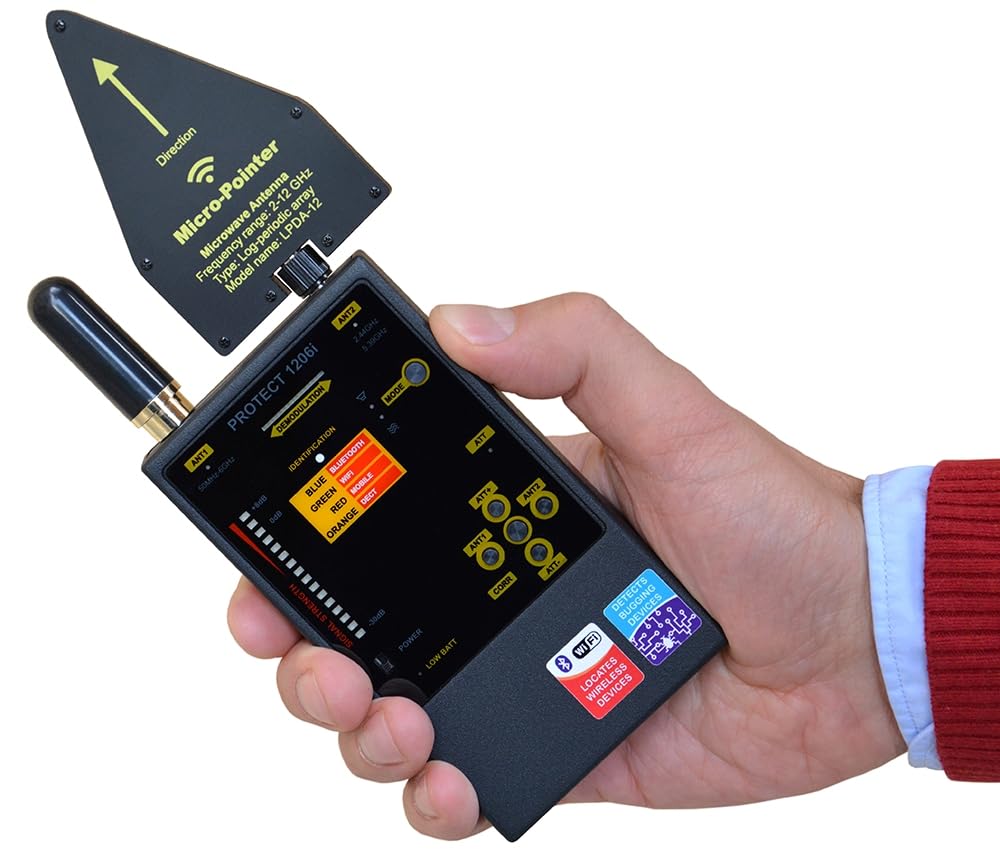 KJB DD1206 iProtect Digital RF Detector; Extra High Sensitivity to Bluetooth, Wi-Fi 2.4 GHz, Wi-Fi 5GHz and Wireless Video Cameras; 16-Segment Bargraph Indicator; 2 Levels of Sensitivity (Attenuator)