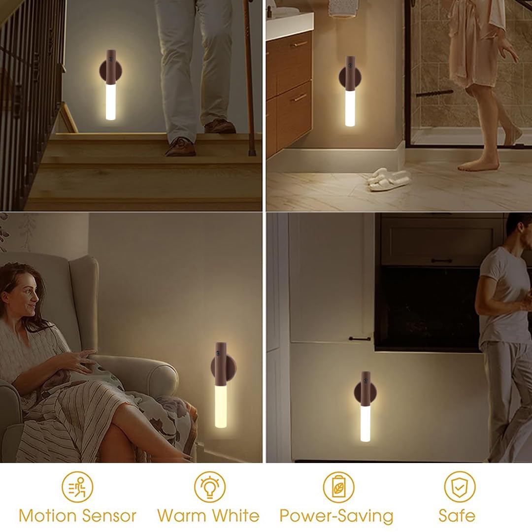 LANDGOO LED Nursery Night Light, Rechargeable Motion Sensor Lamp, Portable 360? Lighting, Walnut Wood, Model 240814040003, 2Pcs