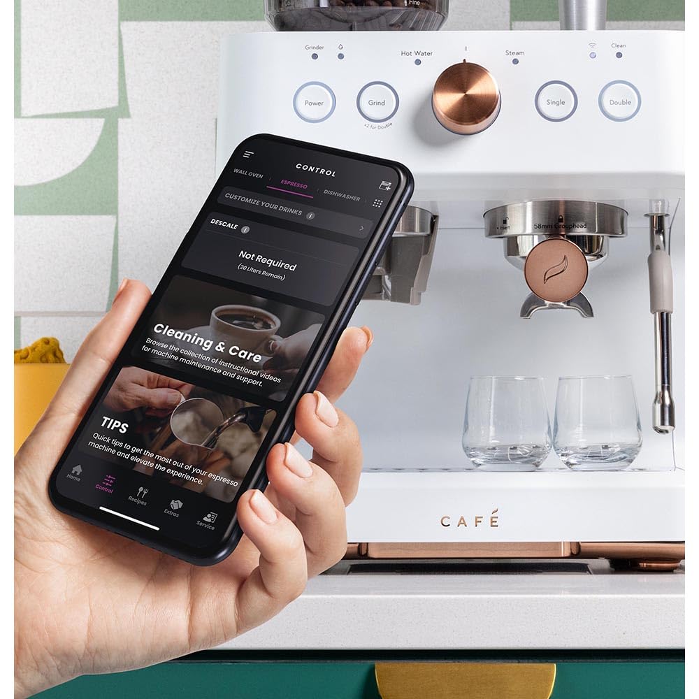 Café Bellissimo Semi Automatic Espresso Machine with Grinder & Milk Frother | Copper Accents | WiFi App Control | Large 95oz Tank | Matte White