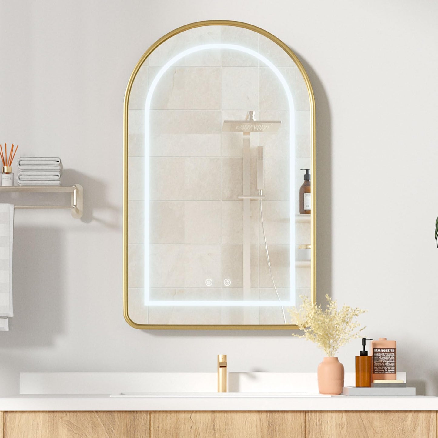 Mepplzian Lighted Arched Medicine Cabinet with LED Mirror - 20x31 Inch Recessed Bathroom Storage, Gold Arched Wall Mounted Mirror Cabinet, Arch Medicine Cabinet with Lights,Anti-Fog