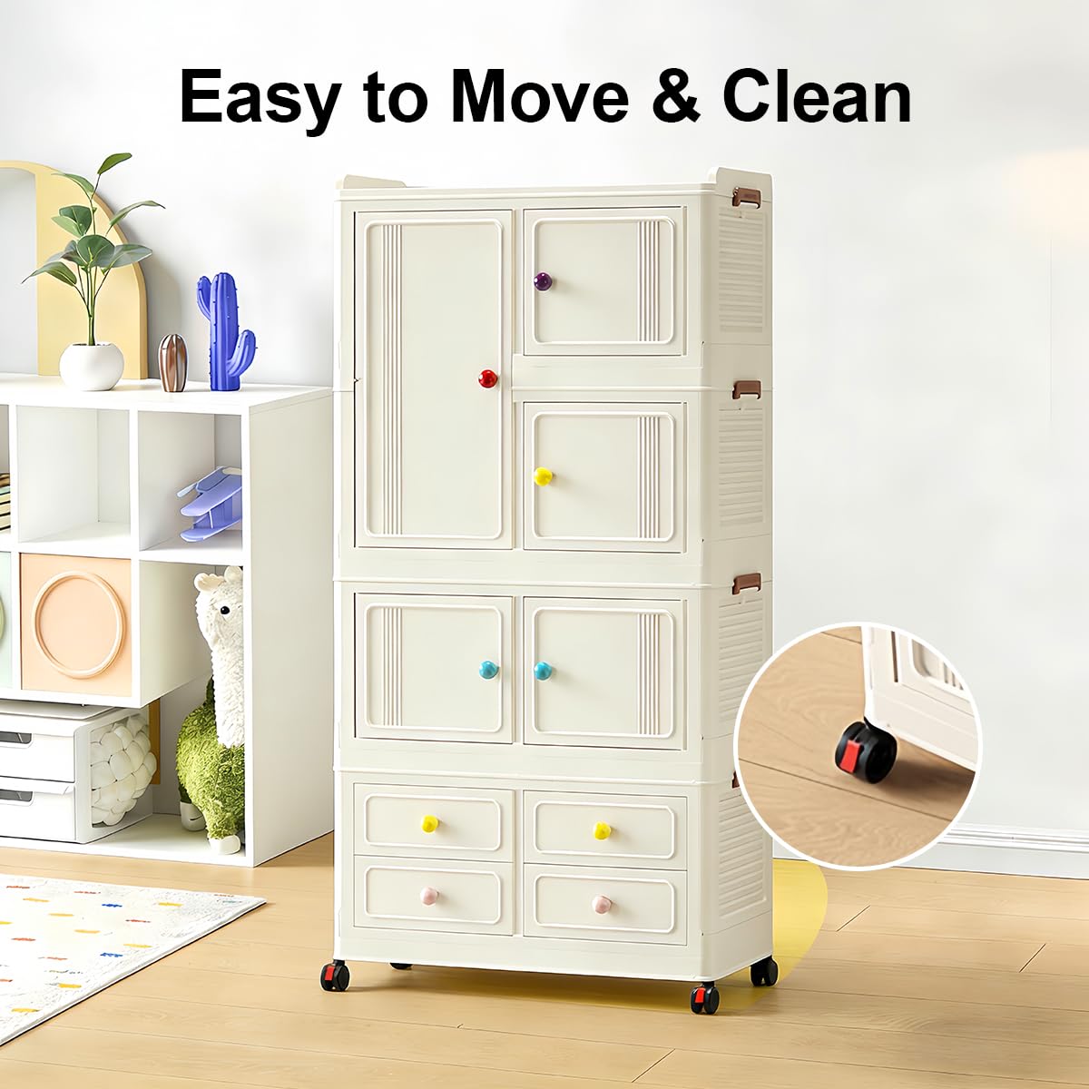 FoldTrend Foldable Storage Cabinet with Wheels & Lids, Highly Impact-Resistant ABS, Large Capacity Storage Cabinet for Home, Apartment, Dorm, Living Room - Easy No-Tool Assembly