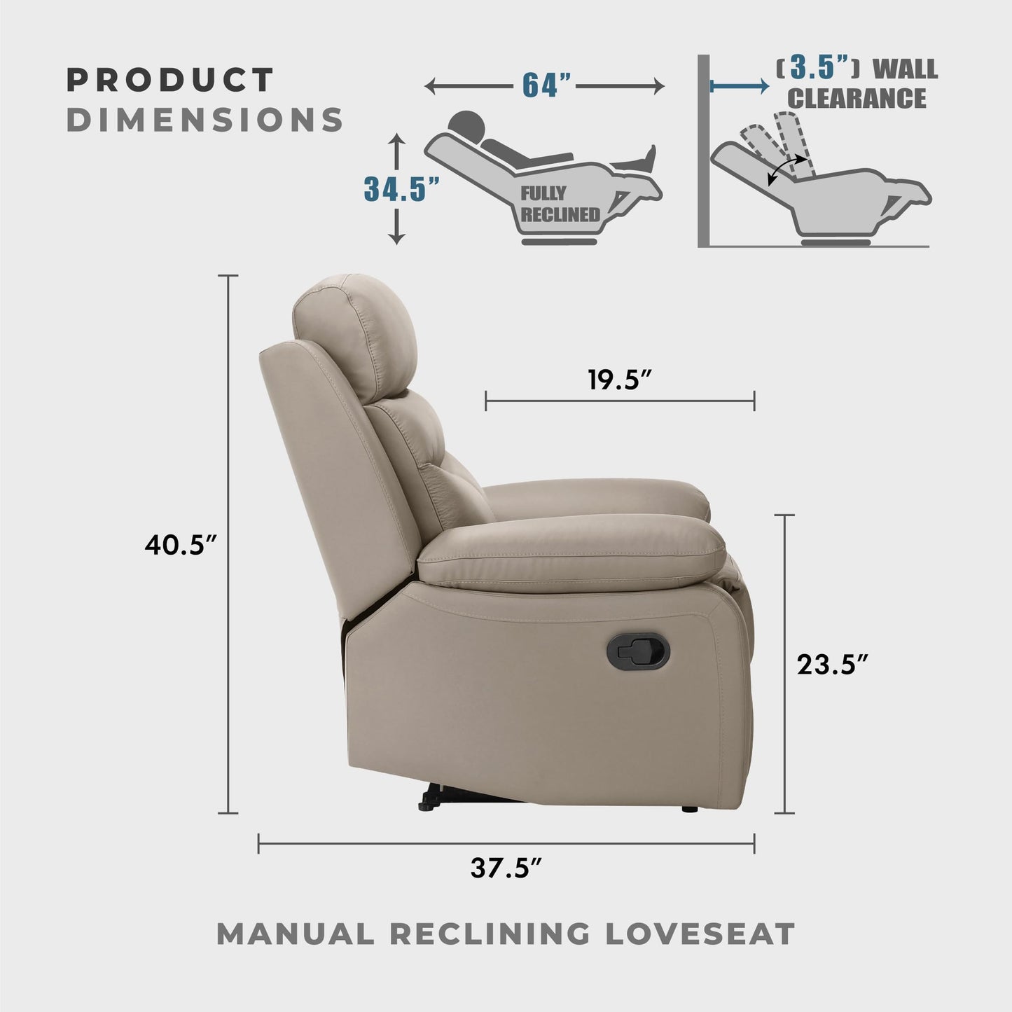 Lexicon 64" W Manual Reclining Loveseat, Top Grain Leather Match Reclining Love Seat, Home Theater Seating, Wall Hugger Recliner Couch, Manual Double Recliner RV Couch for Living Room, Latte