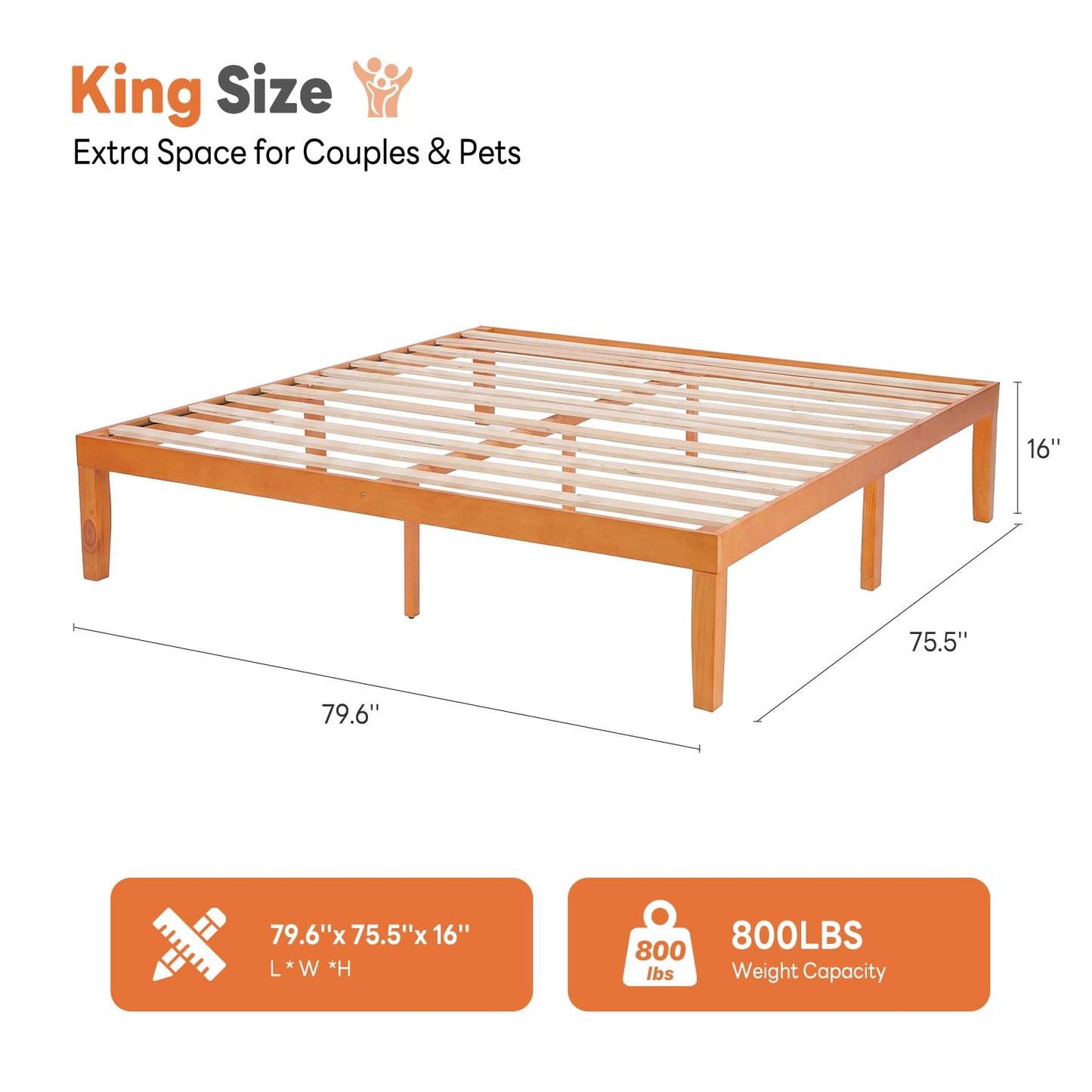 Sweetcrispy King Size Bed Frame 16 inch Heavy Duty Platform Bedframe, 1000 lbs Capacity, Underbed Storage, No Box Spring Needed, Wooden Slats, Easy Assembly with Velcro, Honey Finish