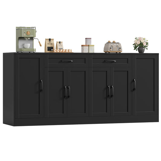 BOTLOG 71” Large Buffet Cabinet with Storage, Sideboard Buffet Cabinet with Adjustable Shelves and 6 Soft-Close Doors, Wood Coffee Bar Console Table for Kitchen, Dining Room, Black