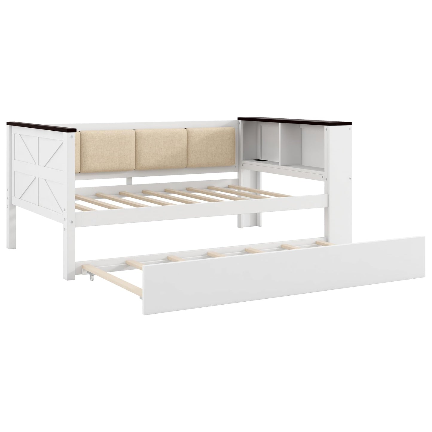 Merax Twin Size Wood Daybed with Storage Shelves, Platform Bed Frame Upholstered Backrest, USB and Trundle, Easy Assembly, White