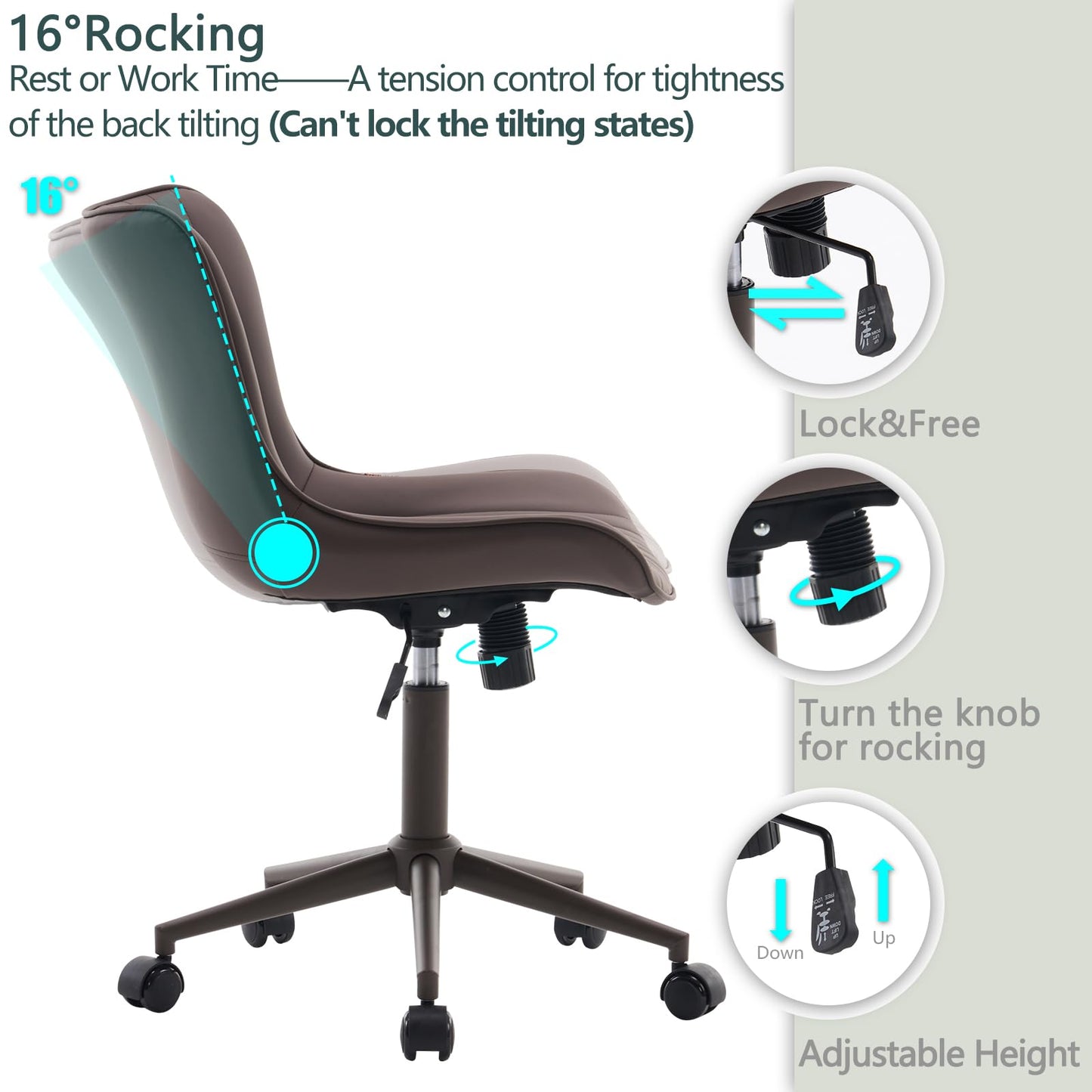 YOUTASTE All Cream Office Chair, Modern Armless Desk Chair with Back, Adjustable Swivel Rolling Faux Leather Task Chair with Wheels Metal Base for Home Office, Study, or Vanity