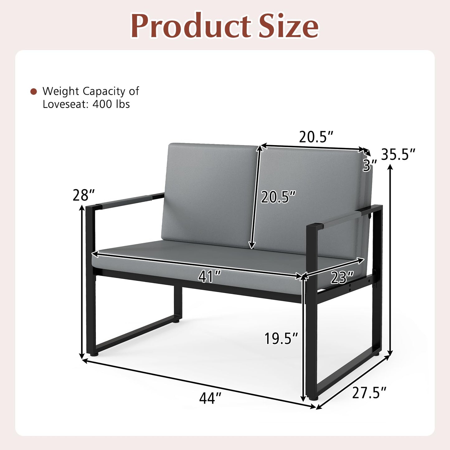 Giantex Modern Loveseat Sofa, 2-Seater Sofa with Solid Metal Frame & Removable Back Cushions, Spacious Seat & Supportive Armrests, Indoor Couch for Living Room, Bedroom, Office (Gray)