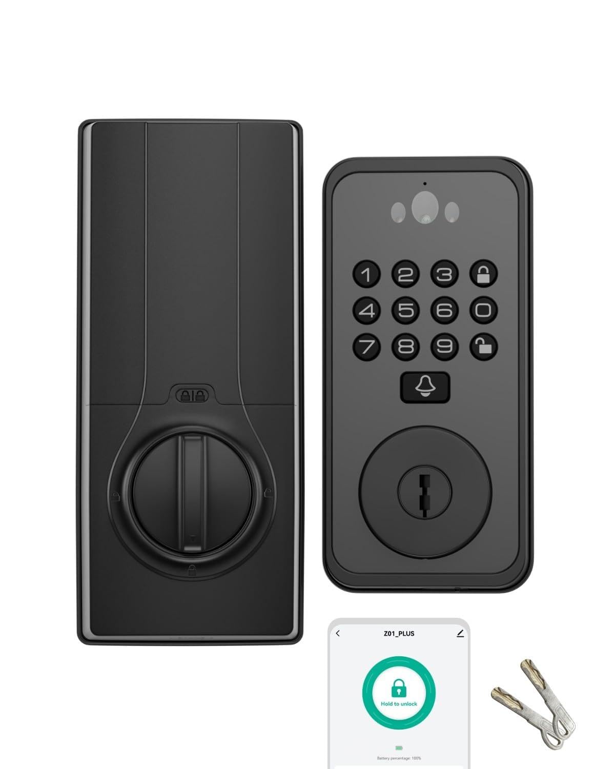 Smart Door Lock with Face & Palm Vein Recognition, Ultra-Wide Peephole Video Doorbell, Keep-Alive WiFi, Tuya App Control, Keyless Entry with Rechargeable Battery for Front Door