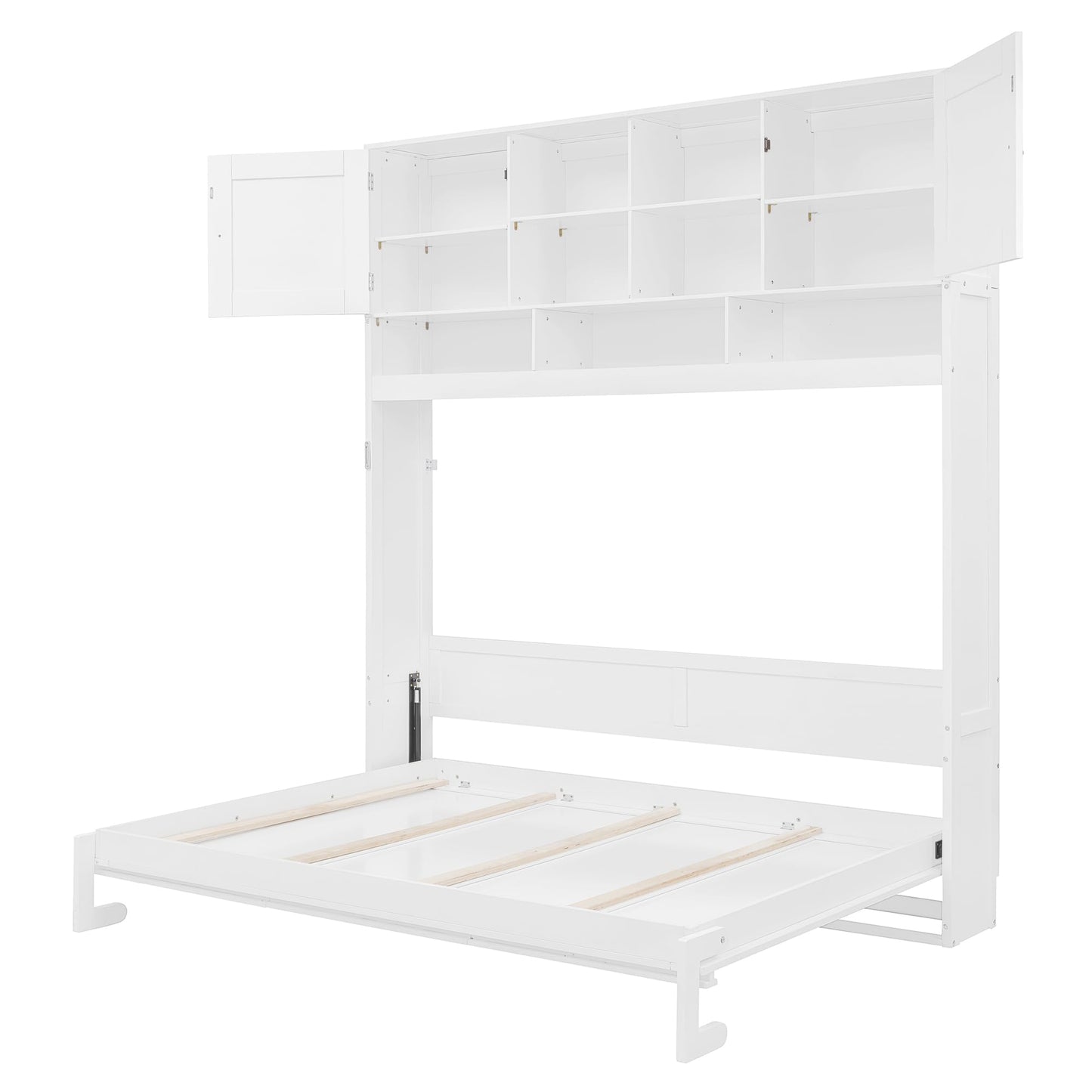 Merax Queen Murphy Bed with Storage, Space-Saving Wall Bed Cabinet, Foldable Queen Size Wall Bed with Hydraulic Lift, Chevron Stripe Design, Large Storage Space, 600 lbs Capacity, White