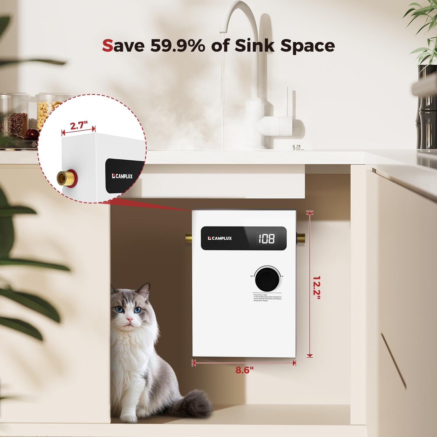 CAMPLUX Tankless Water Heater Electric 8kW 240 Volt, On Demand Instant Hot Water Heater with Self-Modulating Save Energy, Point-of-Use Side Water Connection for Easier Installation, ETL Certificated