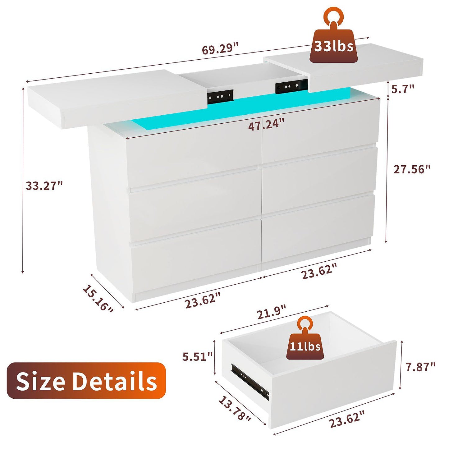 Vipbear White Dresser 6 Drawer for Bedroom with Sliding Top Modern LED Lights Double Dresser Wide Chest of Deep Drawers with Charging Station Storage Wood Cabinet for Closet,Entryway,Hallway