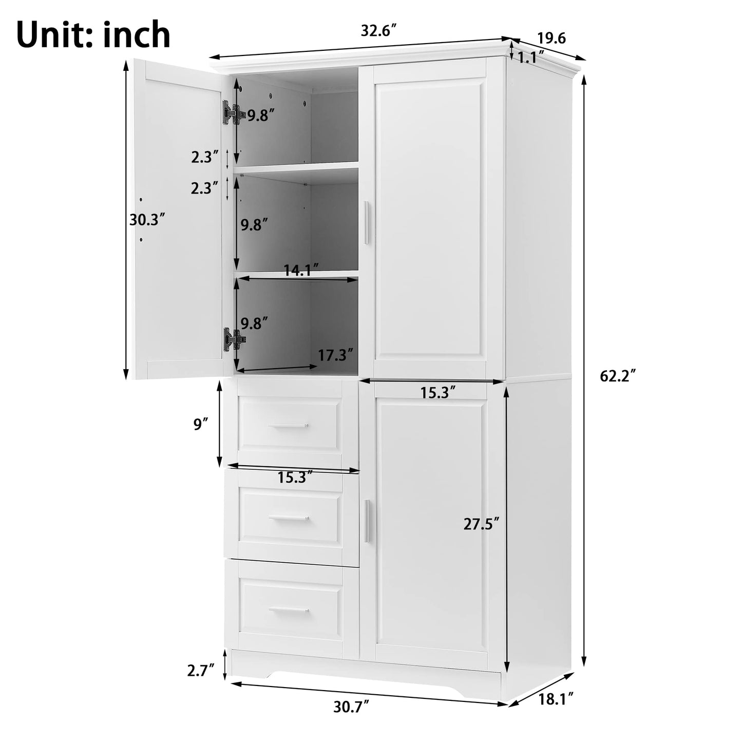 Merax 62.2" Pantry Cabinet with Three Doors & Three Drawers, Adjustable Shelves Storage Cupboard for Kitchen/Dining Room/Bathroom, White