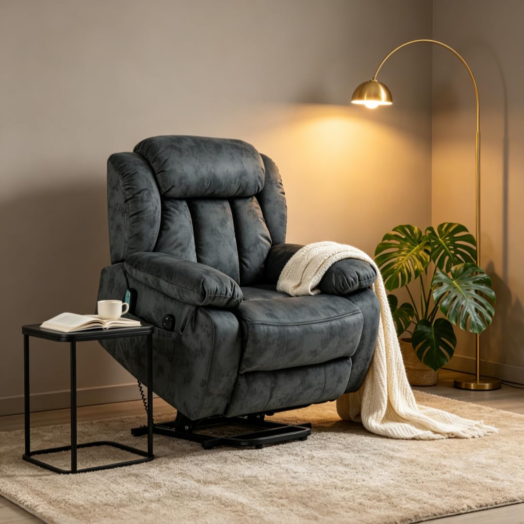 Ball & Cast Lift Recliner Chair with Sides Pockets,Lounge Relax Single Sofa W/Multi-Function Massage and Heat,Glider Reclining Chair W/USB Port &Cup Holders,for Living Room,Grayish Blue