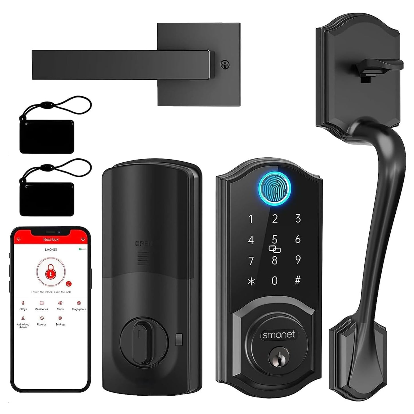 SMONET Smart Lock for Front Door, Keyless Entry Door Lock with Handle Set, Fingerprint Digital Keypad Deadbolt with App Control, Bluetooth Smart Lock, Auto Lock, Alexa Compatible, Black