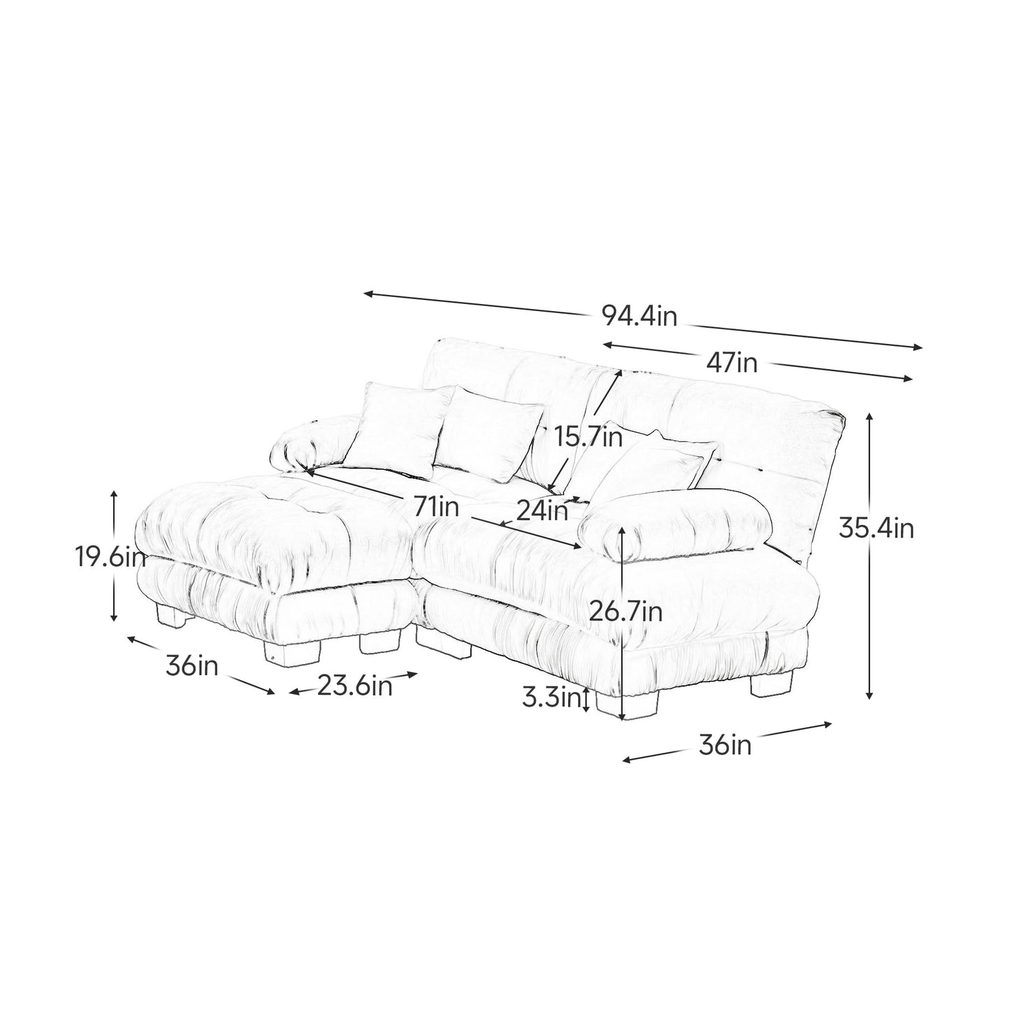 KEIKI 94 Inch Cloud Couch Sectional Sofa, Convertible L-Shaped Sleeper Sofa Set with Movable Ottoman, 3-Seater Chenille Upholstered Sofabed for Living Room Lounge, Deep Seating, Easy Assembly, Pink