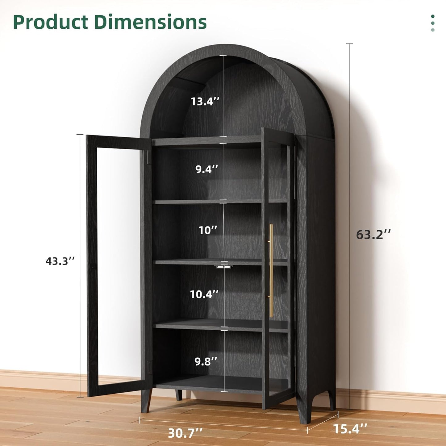 Trygoal 63" Arched Display Cabinet with Glass Doors, 5-Tier Curio Cabinet for Living Room, Arched Storage Cabinet with Adjustable Shelves for Dining Room & Home Office, Black