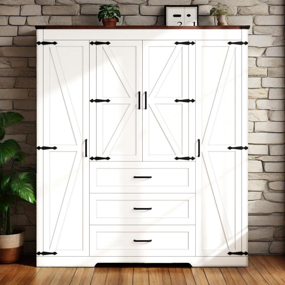 CayugaCrekrd 70" Tall Armoire Wardrobe Closet with 4 Doors & 3 Drawers, Farmhouse Bedroom Storage Cabinet with Hanging Rod, Freestanding Wooden Armoire Wardrobe Closet, White