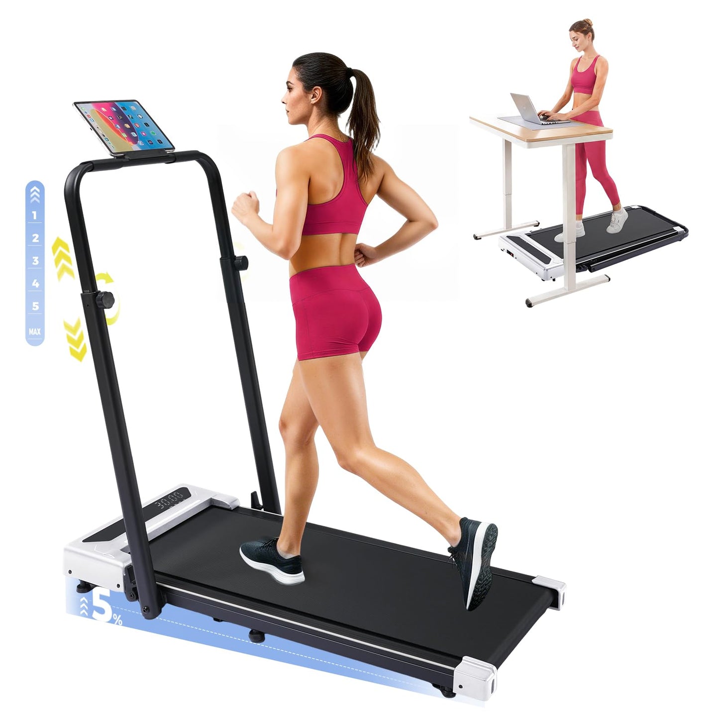 GTRACING Walking Pad with Incline & Height-Adjustable Handlebar, 5-in-1 Foldable Treadmill for Home & Office, Portable Under Desk Treadmill 350LB with Remote Control LED Display, White