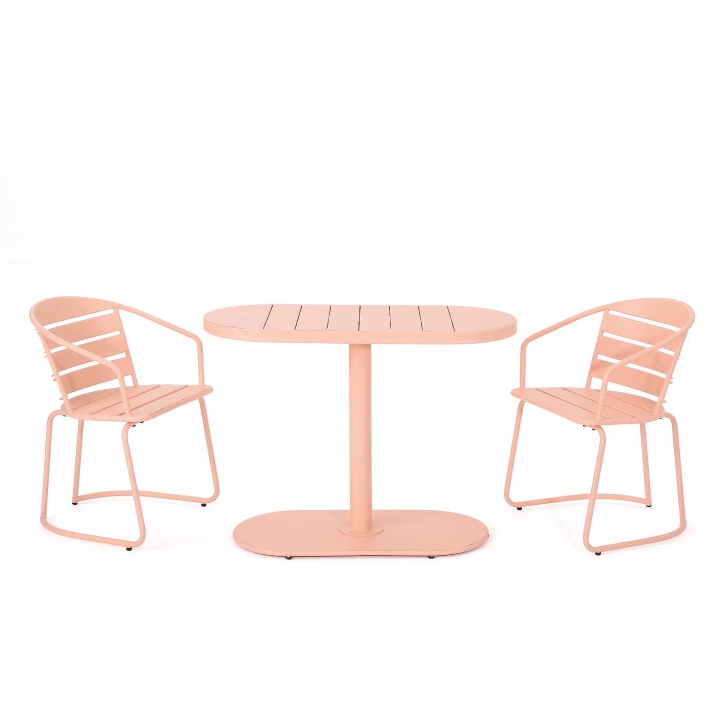 Christopher Knight Home Adley Outdoor Bistro Set, 3-Piece Bistro Table and Chair Set of 2, Patio Furniture Set with Iron Frame, Bistro Dining for Poolside Garden Cafeteria, Matte Coral