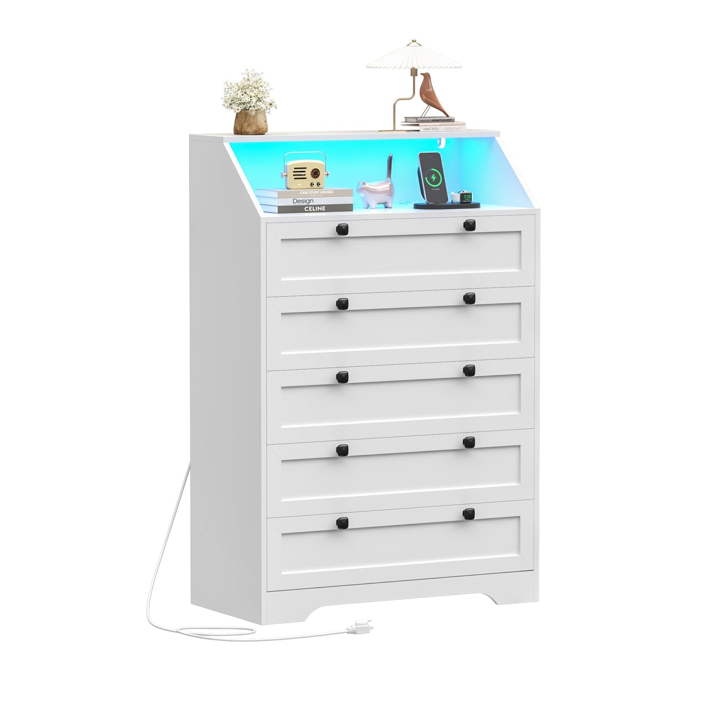 Wodeer White Dresser Tall 5 Drawer Dresser for Bedroom, Wood Chest of Drawers with LED Lights, Charging Station, Metal Handles, Modern Storage Cabinet and Organizer Drawers for Living Room, Hallway