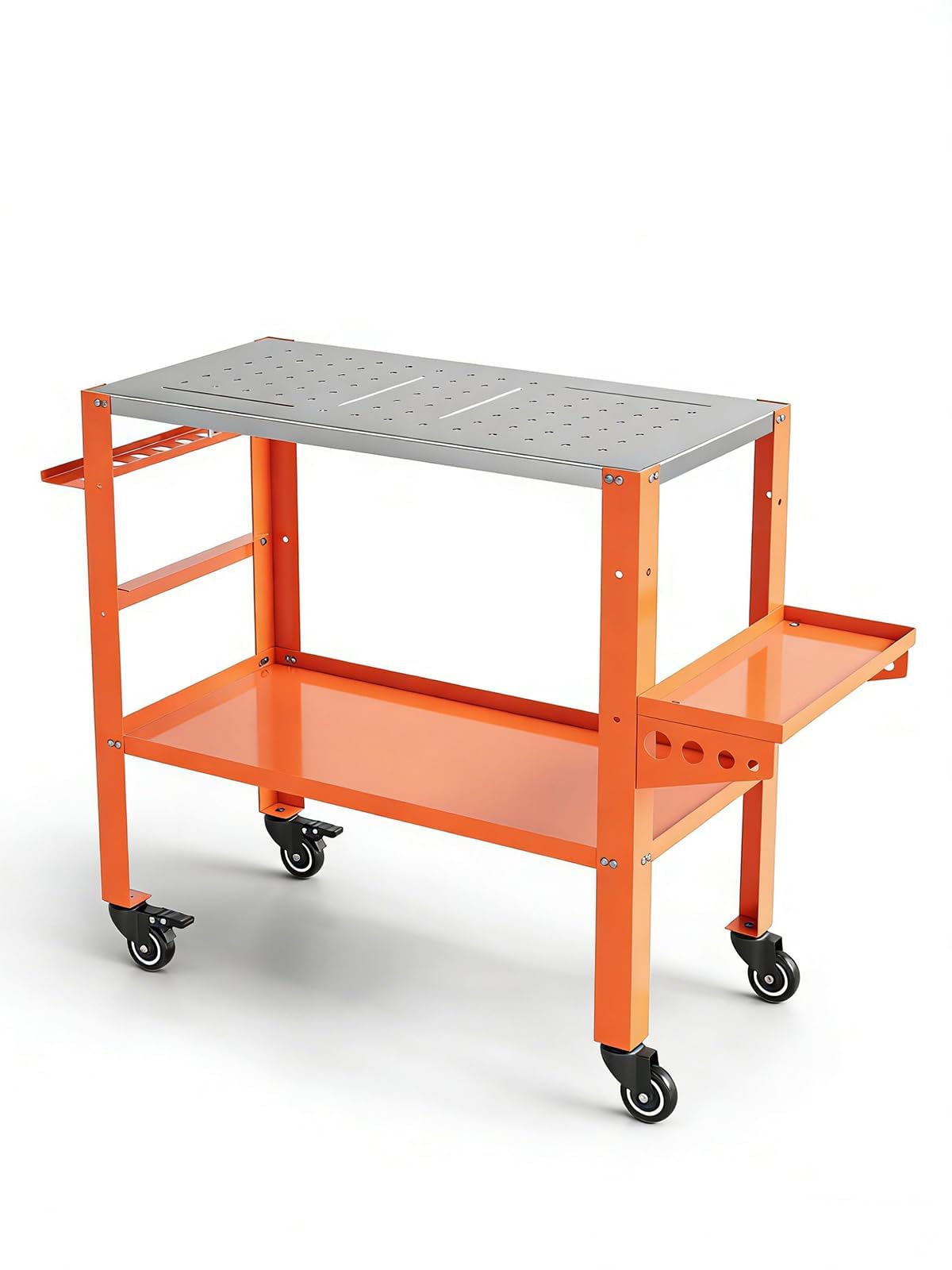 36" x 18" Welding Table, 1200 Lbs Capacity Welding Workbench Table Top with Lockable Wheels,Tool Rack & Tray, 4 Tool Slots and 5/8" Fixture Holes for for Welding Repair Works, Orange