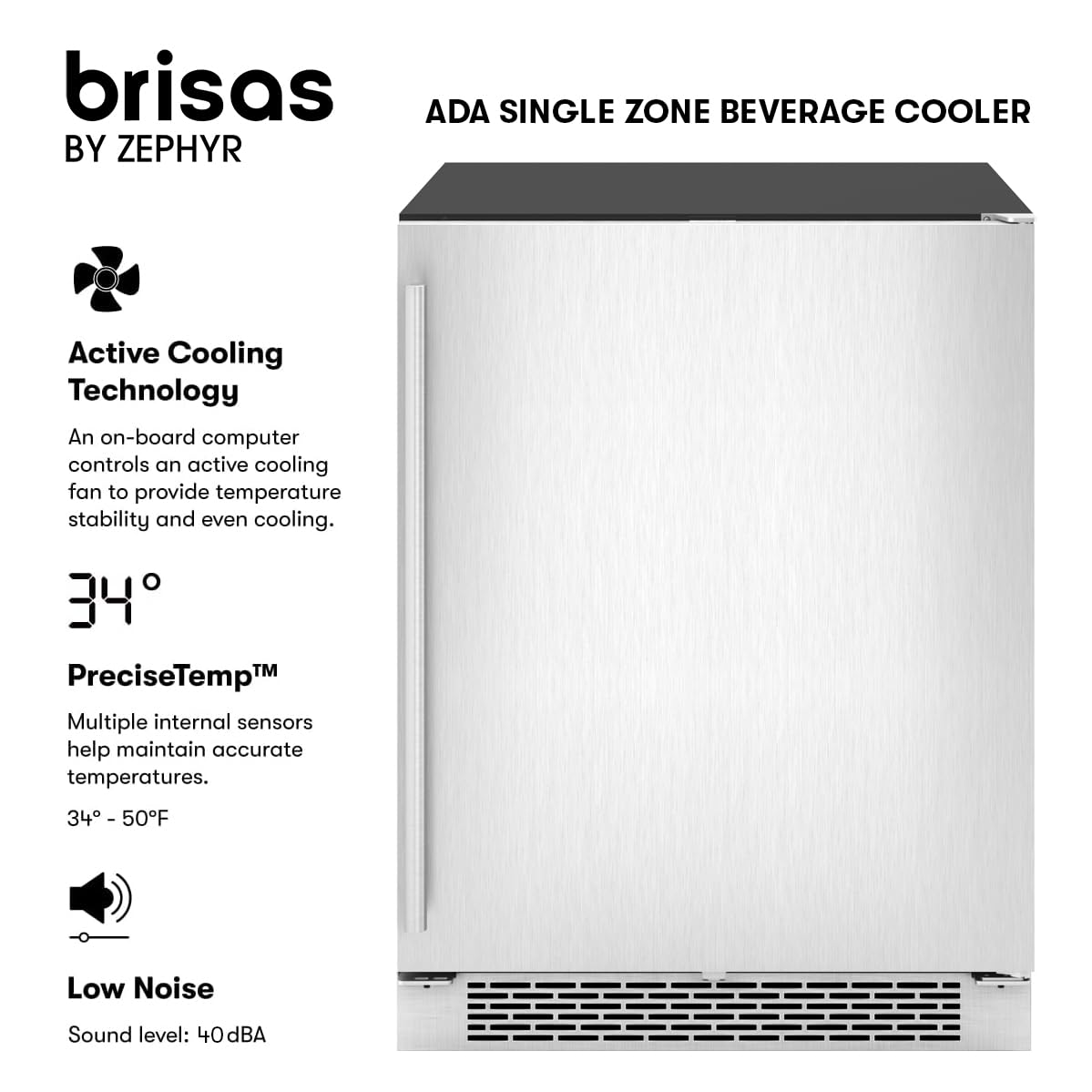 Zephyr Brisas 24" Wine Fridge & Beverage Refrigerator ADA Single Zone Under Counter - Mini Wine Cooler Cellars Small Beer Cabinet Drink Chiller Freestanding Stainless Steel Door - 8 bottles 98 cans
