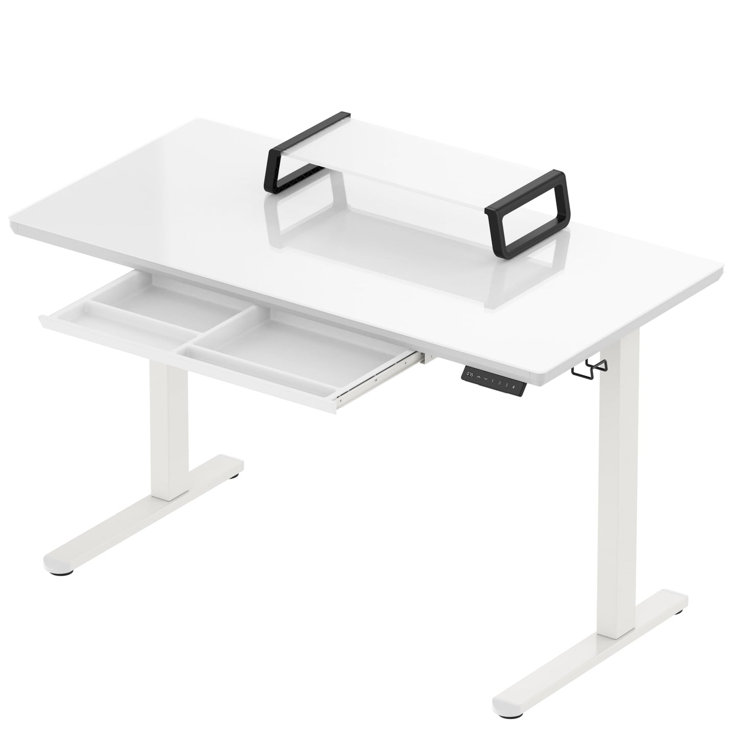SHW 48x24 Glass Electric Height Adjustable Standing Desk – Motorized Sit Stand Desk with Monitor Riser, Pull-Out Drawer, Memory Presets, White