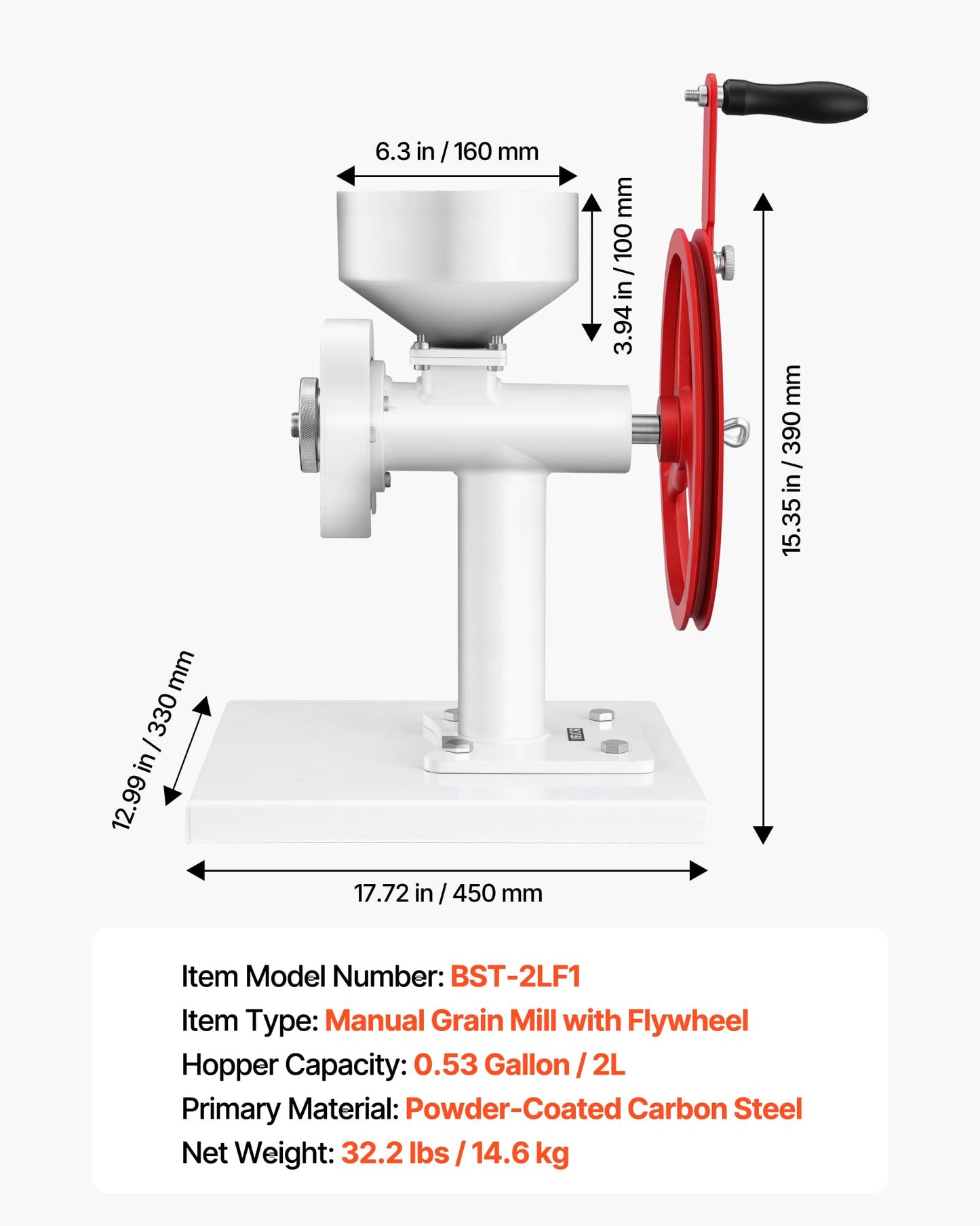 VEVOR Manual Grain Mill with Flywheel, Hand-Crank Corn Grinder, Heavy-Duty Carbon Steel Wheat Grinding Mill with Adjustable Fineness & 0.53 Gallon Hopper for Grains Spices Coffee Beans Nuts