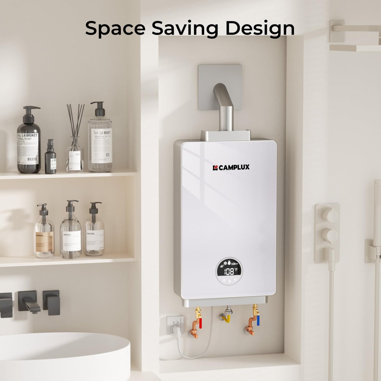 CAMPLUX Tankless Natural Gas Water Heater, 3.18 GPM On Demand Instant Water Heater, 82,000 BTU, White